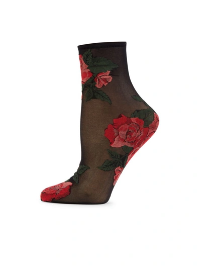 Memoi Women's Beauty Rose Garden Sheer See-through Ankle Socks In Black Rose