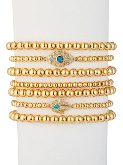 Eye Candy La Women's Luxe 7-piece 18k Goldplated, Cubic Zirconia Beaded Evil Eye & Hasma Bracelet Set In Green