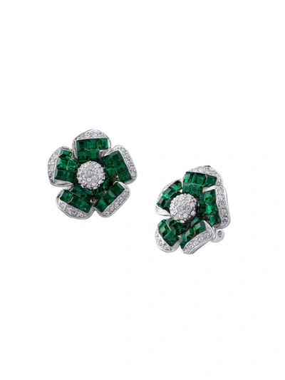 Cz By Kenneth Jay Lane Women's Look Of Real Rhodium Plated & Cubic Zirconia Flower Clip-on Earrings In Brass