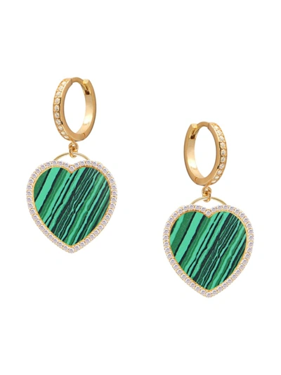 Gabi Rielle Women's Love Is Love Malachite, Pave & 14k Gold Vermeil Heart Huggies Earrings