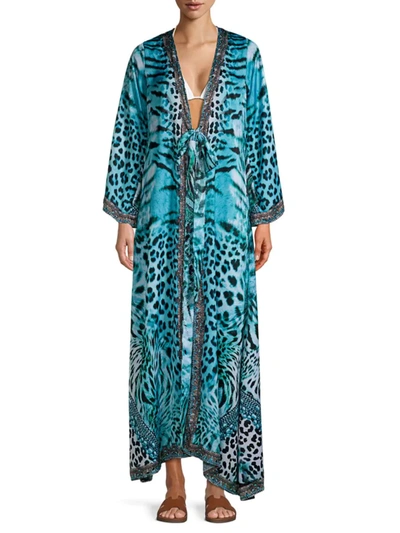 Ranee's Women's Embellished Leopard-print Kimono Cover-up In Blue
