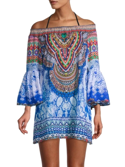 Ranee's Women's Off-the-shoulder Print Cover-up In Blue
