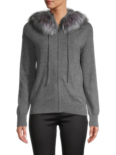 Amicale Women's Fox Fur-trimmed Cashmere Hoodie In Grey