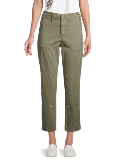 Driftwood Women's Vintage Bouquet Floral Embroidery Cropped Chino Pants In Olive