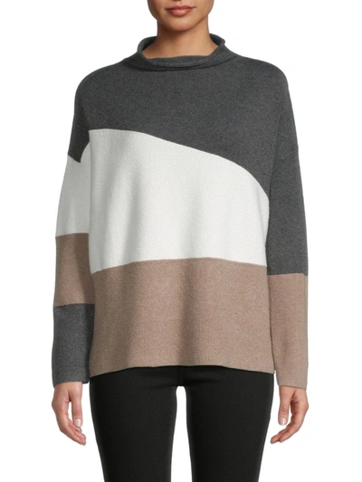 French Connection Sophia Funnel Neck Colorblock Sweater In Charcoal/ Winter White/ Taupe