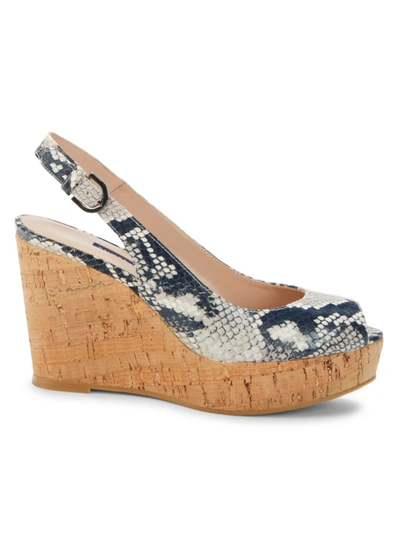 Stuart Weitzman Jean Slingback Wedge Sandals In Black And White Python Printed Leather