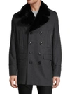 Karl Lagerfeld Men's Faux Fur-collar & Wool-blend Peacoat In Charcoal Black