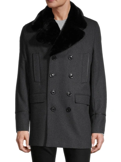 Karl Lagerfeld Men's Faux Fur-collar & Wool-blend Peacoat In Charcoal Black