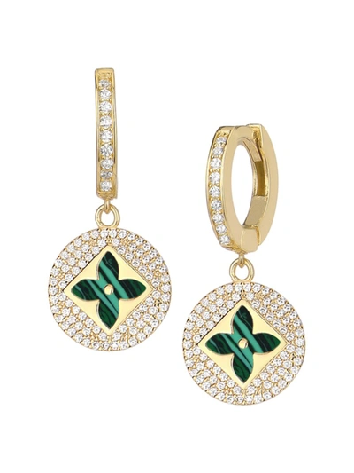 Gabi Rielle Women's Grand Entrance 14k Gold Vermeil, Malachite & Pavé Clover Huggies Earrings