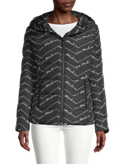 Love Moschino Women's Giubbino Allover Firma Print Hooded Puffer Jacket In Nero