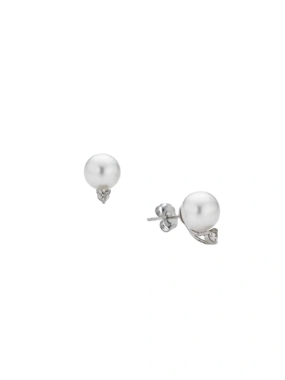 Belpearl Women's 14k White Gold, 8mm Cultured Pearl & Diamond Stud Earrings