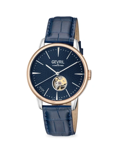 Gevril Men's Mulberry Open Heart & Exhibition Back Stainless Steel & Leather Strap Watch In Blue