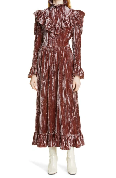 Batsheva Carol Ruffle Long Sleeve Crushed Velvet Dress In Purple