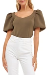 English Factory Scuba Puff Sleeve Top In Olive