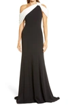 Tadashi Shoji Knotted One-shoulder Crepe Gown In Black/ White