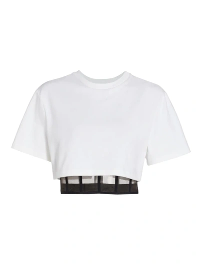 Alexander Mcqueen Cropped Layered Cotton-jersey And Tulle T-shirt In Optical White