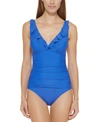 DKNY RUFFLE PLUNGE UNDERWIRE TUMMY CONTROL ONE-PIECE SWIMSUIT, CREATED FOR MACY'S