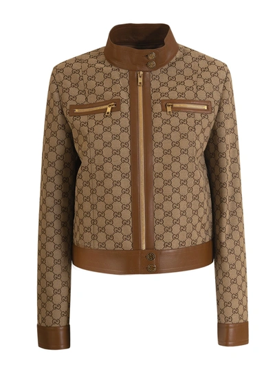 Gucci Cotton Blend Logo Jacket W/ Leather Trim In Beige