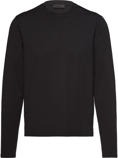 Prada Embroidered Logo Long-sleeve T-shirt In Black