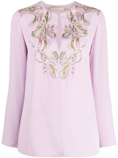 Emilio Pucci Farfalle-embroidered Long-sleeve Top In Neutrals