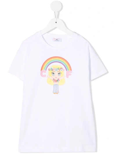 Chiara Ferragni Kids' White Cotton T-shirt With Mascot Print In Bianco