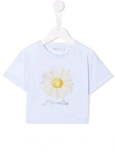 Monnalisa Kids' Floral-print Rhinestone T-shirt In Blue