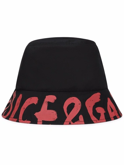 Dolce & Gabbana Reversible Black Nylon Hat With Logo Print In Nero