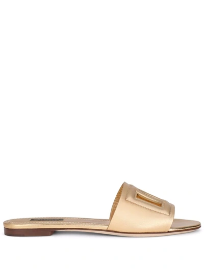 Dolce & Gabbana Dg Logo Leather Slides In Gold