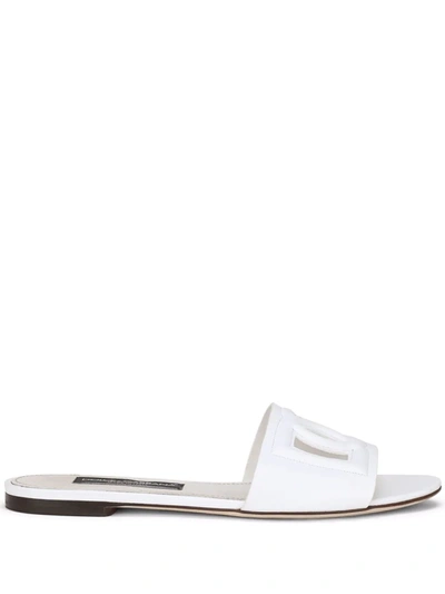 Dolce & Gabbana Logo Cutout Leather Slides In White