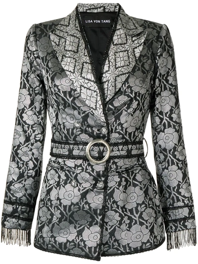 Lisa Von Tang Double-breasted Brocade Blazer In Black