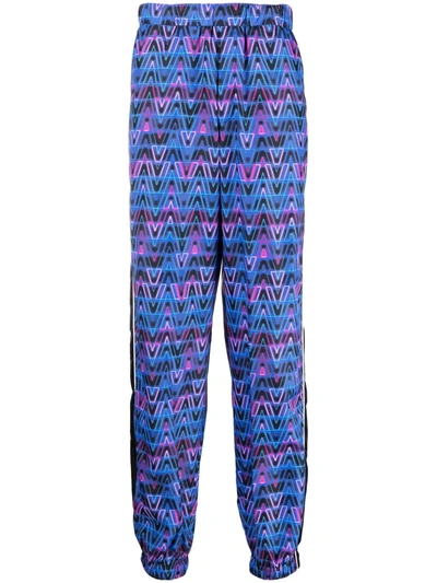 Valentino Nylon Trousers With All-over Optical Neon V Print In Blue