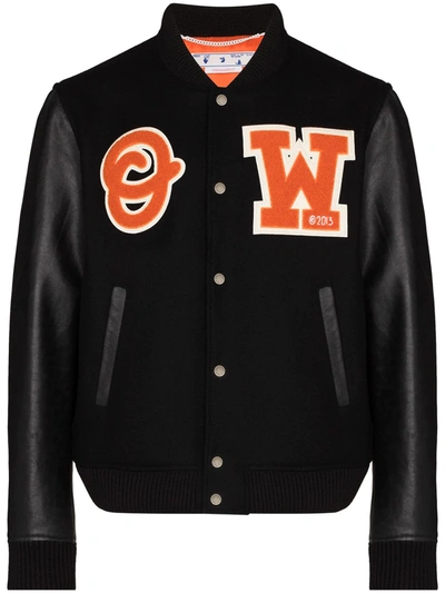 Off-white Patch Leather Sleeve Varsity Jacket Black In Black,orange