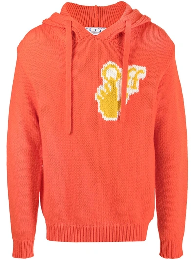 Off-white Intarsia-logo Knitted Hoodie In Orange