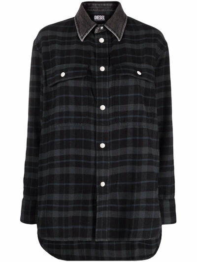 Diesel Denim-collar Checked Shirt In Black