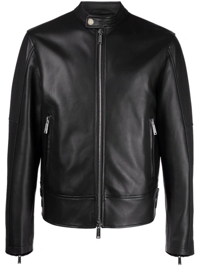 Dsquared2 Standing Collar Zipped Leather Jacket In Black