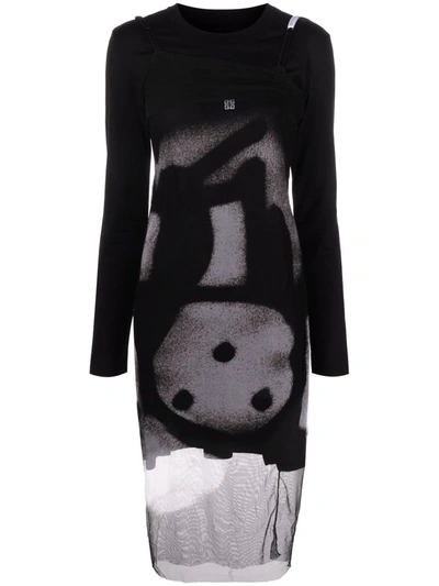 Givenchy Layered Printed Tulle And Cotton-jersey Midi Dress In Black