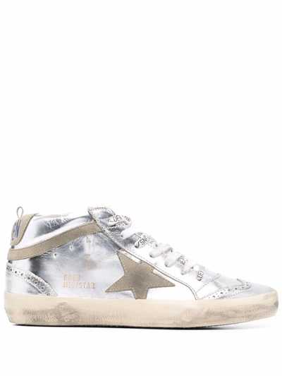 Golden Goose Mid Star Laminated Upper And Spur Suede Star And Wave Sneakers In Silver