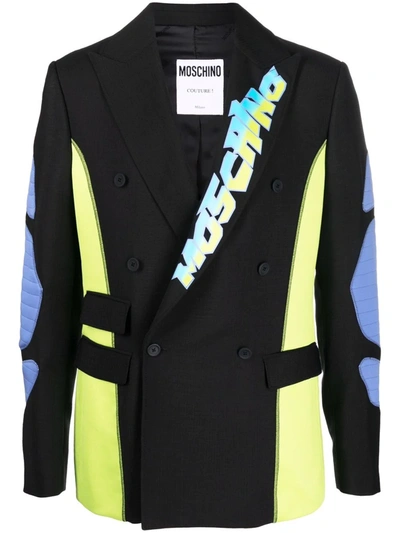 Moschino Double-breasted Colour-block Wool Blazer In Black