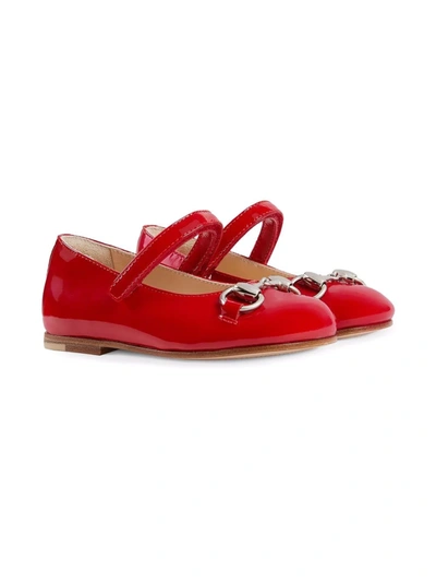 Gucci Kids' Aisha Horsebit-embellished Patent Leather Ballerina Flats 8-9 Years In Red