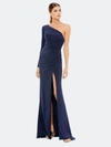 Mac Duggal Stretch Jersey One Sleeve Gathered Waist Gown In Navy