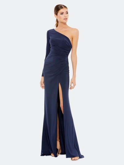 Mac Duggal Stretch Jersey One Sleeve Gathered Waist Gown In Navy