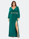 Mac Duggal Split Long Sleeve Jersey A-line Gown In Emerald
