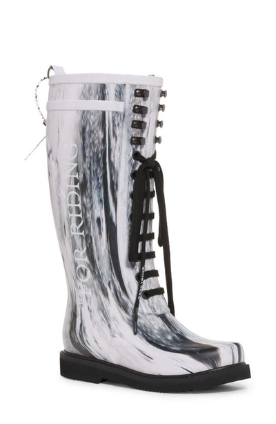 Off-white For Riding Marble Lace-up Rain Boots In White/ Black