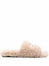 Balenciaga Faux-shearling Embroidered Logo Slides In Neutrals
