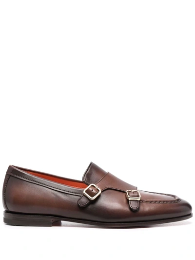 Santoni Crocodile-leather Double Monk Shoes In Brown