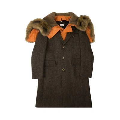 Burberry Herringbone Wool Tailored Single-breasted Coat With Detachable Hood, Brand Size 48 (us Size 38) In Brown