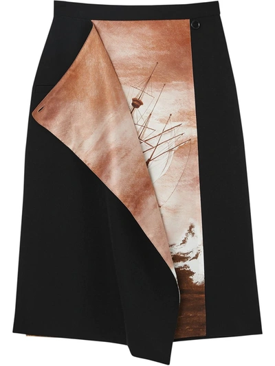 Burberry Ladies Ship Print Silk Panel Wool Pencil Skirt, Brand Size 6 (us Size 4) In Black