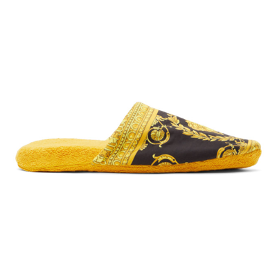 Versace Baroque-print Cotton-terry Slippers In Gold
