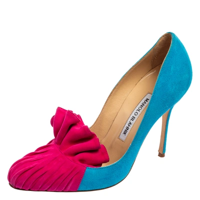 Pre-owned Manolo Blahnik Blue/pink Suede Leather Arleti Frill Pumps Size 37.5
