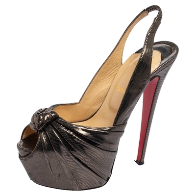 Pre-owned Christian Louboutin Metallic Bronze Lizard Embossed Leather Miss Benin Knotted Platform Slingback Sandals Size 39